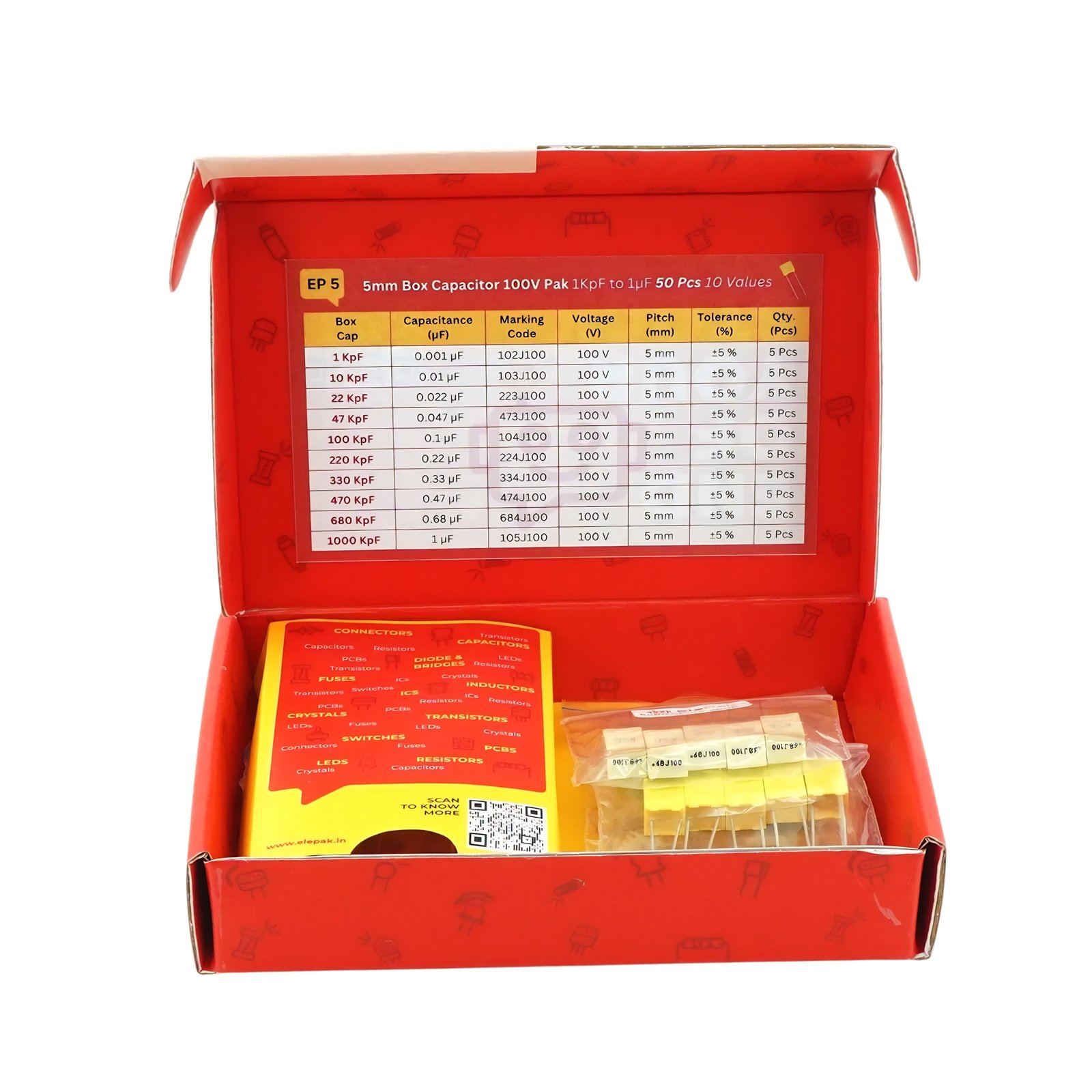 5mm Box Capacitor 100V Pak 1KpF to 1µF 50 Pcs 10 Values - Image 3