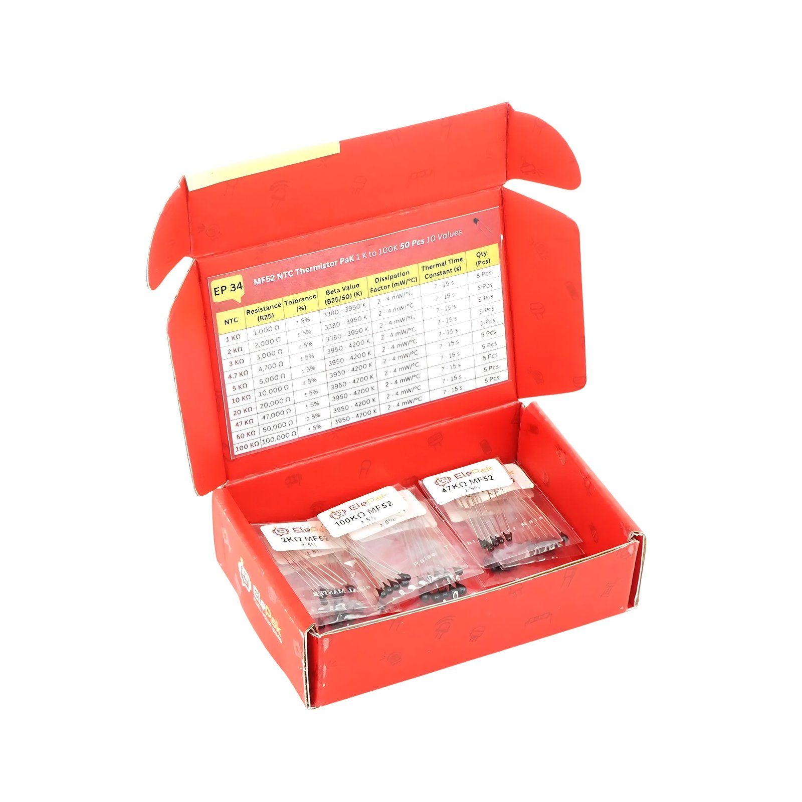 MF52 NTC Thermistor Pak 1K to 100K 50 Pcs 10 Values MF52 NTC Thermistor Pak 1K to 100K 50 Pcs 10 Values